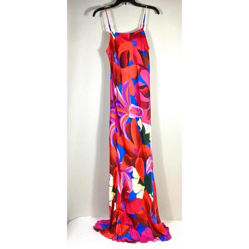 *SOLD* Farm Rio Watercolor Floral Slip Satin Maxi Dress Floral Blue Small NEW - Picture 6 of 15